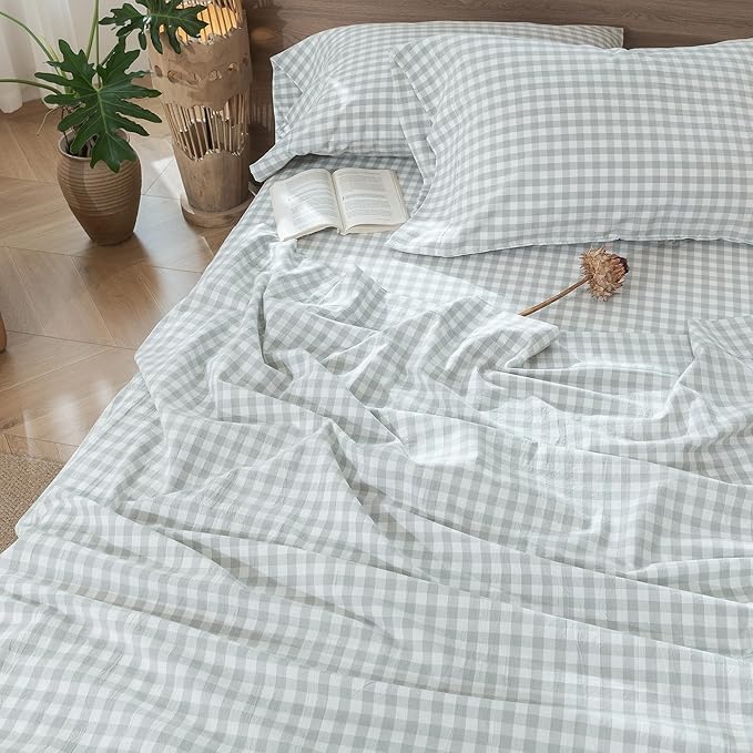 MooMee Gingham Sheet Set 100% Washed Cotton Linen Like Textured Breathable Soft w/Fully Elasticized 16-19" Deep Pocket (Classic Gingham Northern Droplet Grey, Queen)
