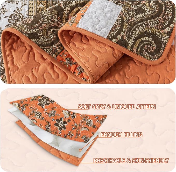 BEDIFANY Cotton Quilts King Size for Farmhouse- Fall Patchwork Bedspread Set - Highly-Woven Soft Reversible King Size Bed Spread for All Seasons (Floral Orange) 3 Pieces