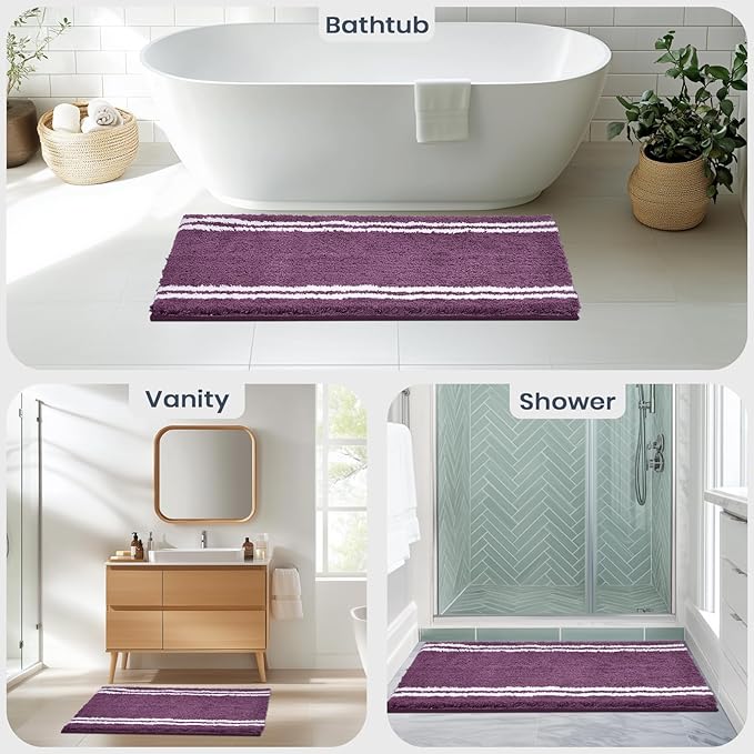 PURRUGS Bathroom Rug Non-Slip Machine Washable 20" x 30", Super Absorbent and Quick Dry Shaggy Microfiber Bath Mat, Extra Soft and Plush Bath Rug for Bathtub, Shower and Sink, Purple