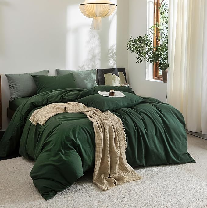 FOSSA Duvet Cover Set 100% Washed Cotton Linen Feel Super Soft Breathable Cozy 3 Pieces Bedding Sets Solid Forest Green Queen