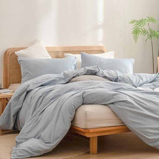 BESTOUCH Duvet Cover Set 100% Washed Cotton Linen Feel Super Soft Comfortable Chic Lightweight 3 PCs Home Bedding Set Solid Cornflower Blue Full/Double