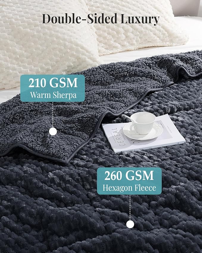 Topblan Weighted Blanket for Adults (60" x 80" 20lbs, Dark Grey), Soft Sherpa Queen Size Heavy Blanket, 3D Jacquard Flannel Fleece Weighted Blankets for Couch and Bed