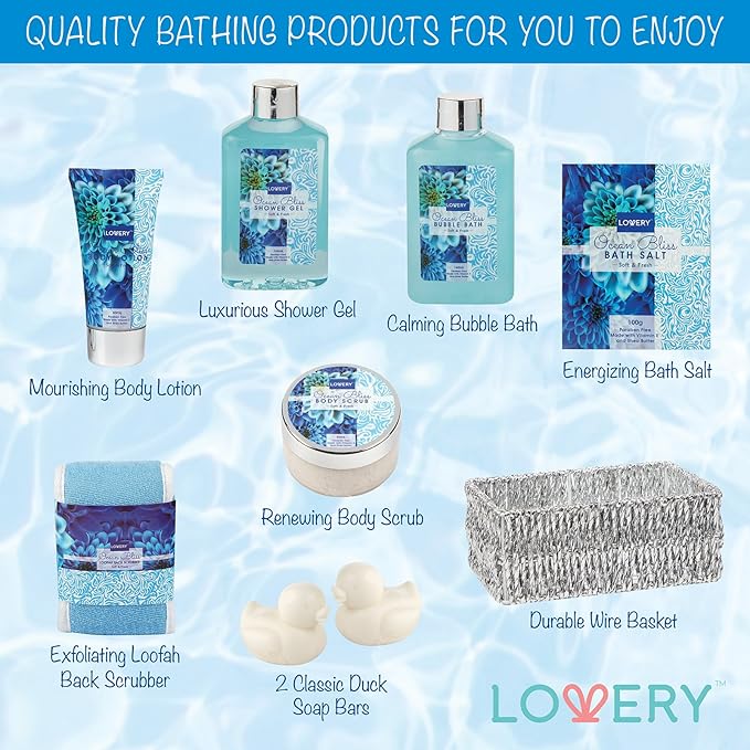 Christmas Gifts, Spa Gift Basket in Heavenly Ocean Bliss Scent-9pc Bath & Body Set-Shower Gel, BubbleBath, Bath Salt, Body Lotion & more! Great Wedding, Anniversary, Birthday, Graduation Gift forWomen