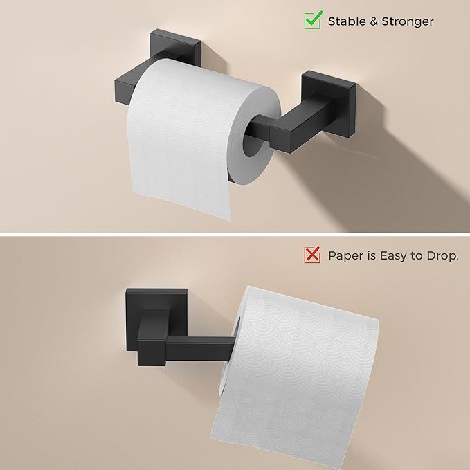 FORIOUS Toilet Paper Holder Wall Mount and Hand Towel Ring Set, SUS 304 Stainless Steel Double Post Pivoting Tissue Roll Holder, Modern Bathroom Hardware Accessories Set, Matte Black