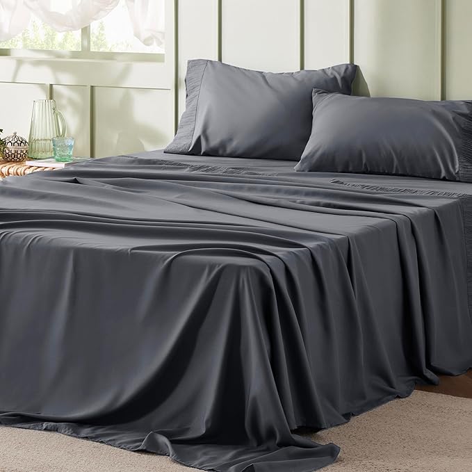 Bedsure California King Sheet Sets - 4 Pieces Soft Cal King Sheets - Breathable & Cooling - Hotel Luxury - Easy Care Polyester Microfiber Bedding for Women, Men, Dark Grey