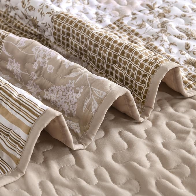 Mybedsoul Beige Boho Quilt Set Queen Size, 3 Pieces Plaid Floral Bedspread Set Patchwork Reversible Bedding Set Microfiber Bedding Bedspread Coverlet Set for All Season 90"x96"