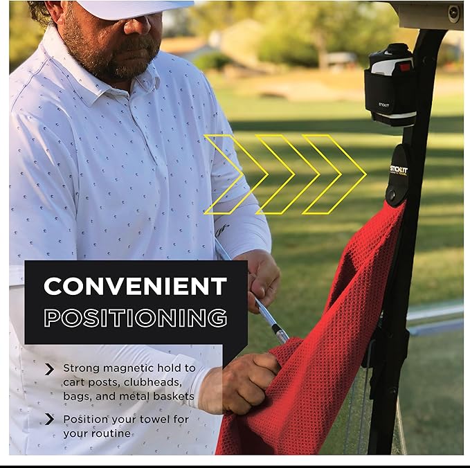 STICKIT Magnetic Golf Towel, Red, Premium 29" Microfiber with Deep Waffle Pockets, Industrial Strength Magnet for Secure Hold to Golf Carts & Clubs, Ultra-Absorbent, Fast-Drying, Easy-Clean Design