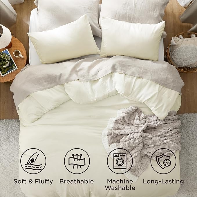 Bedsure Full Size Comforter Set, Ivory Soft Prewashed Bedding for All Seasons, 3 Pieces GentleSoft™ Warm Down Alternative Bed Set, 1 Lightweight Comforter (82"x86") and 2 Pillowcases (20"x26")
