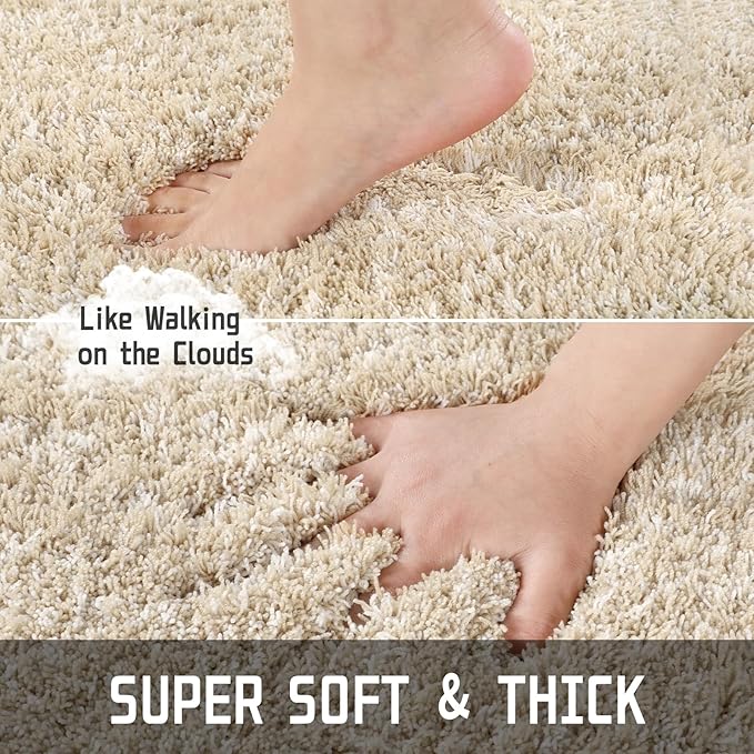 Yimobra Fluffy Plush Bath Rug, Shaggy Soft Comfortable Non Slip, Water Absorbent Microfiber Bath Mat, Dry Quick, Machine Washable Thick Bathroom Floor Rugs for Shower, 44"x 24", Light Beige and White