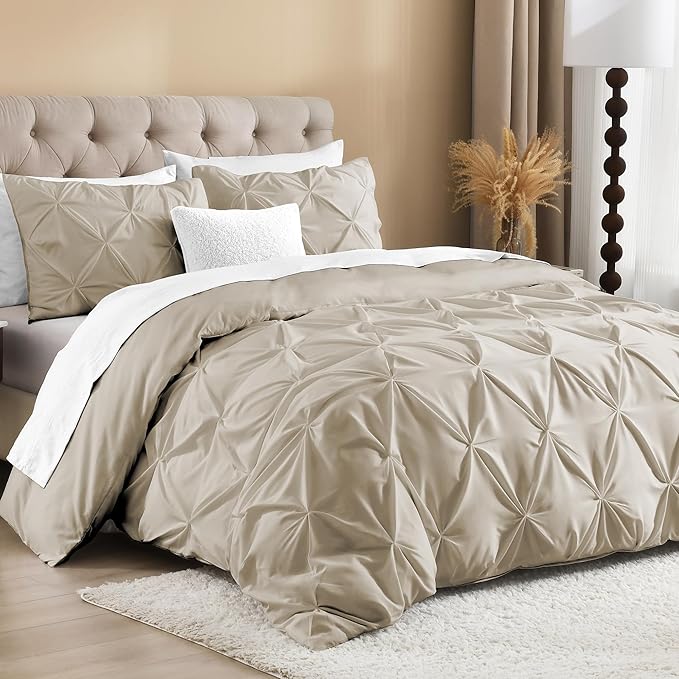 Litanika Oatmeal Oversized Queen Pinch Pleat Duvet Cover, 3 Pieces Pintuck Cover Soft Microfiber Bedding Set with Zipper Closure & Corner Ties(1 Duvet Cover, 2 Pillowcases)