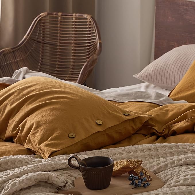 Bedsure Linen Duvet Cover Queen - Linen Cotton Blend Bedding Set, Soft & Cozy, 3 Pieces, 1 Duvet Cover 90x90 and 2 Pillowcases, Pumpkin Yellow Color Cooling Bedding, Comforter Sold Separately
