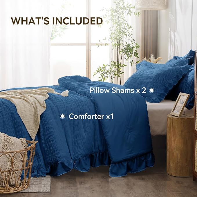 JOLLYVOGUE Teal King Comforter Set, 3 Pieces Seersucker Comforters King Size, Lightweight & Fluffy Bedding Sets King for All Season with 1 Ruffle Comforter and 2 Ruffle Pillowshams