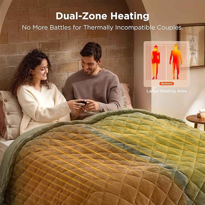 Bedsure Electric Blanket Queen Size - Dual Control Heated Weighted Blanket Queen with 10 Heat Settings, Fast Heating with 10 Time Settings (84x90 inches, Olive Green)