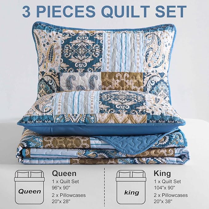 WONGS BEDDING Boho Quilt Set Queen Size, Blue Patchwork Plaid Bedspread Bedding Sets Paisley Soft Microfiber Quilts for Queen Bed 3 Pieces Coverlet Set for All Season (96"x90")