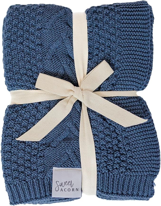 Knit Baby Blanket in Cable Pattern, Organic Cotton Blankets for Crib or Stroller, Receiving Blankets - Bay Blue