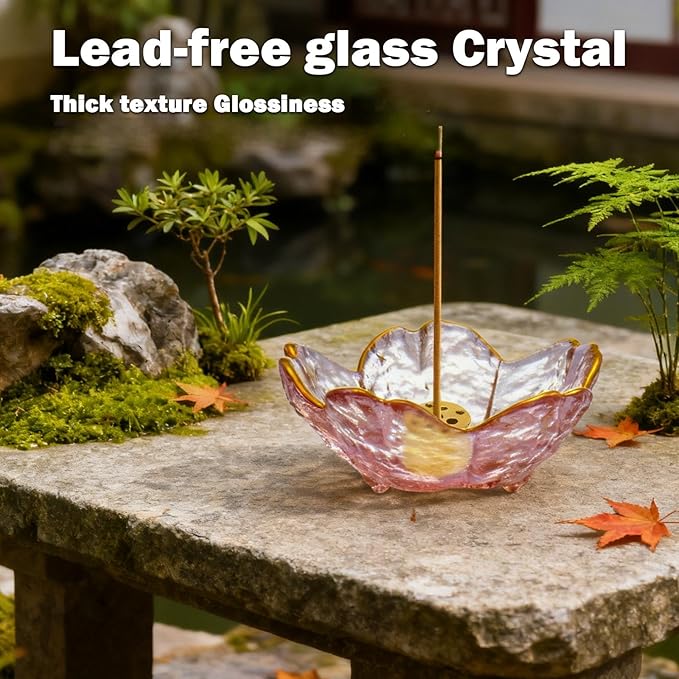 Incense Burner, Incense Holder for Backflow and Sticks Handmade Glass Cherry Blossom Incense Stick Holder with 9 Incense Holes Incense Burner Ash Catcher,for Meditation,Home Decor (with Gilt-Edged)