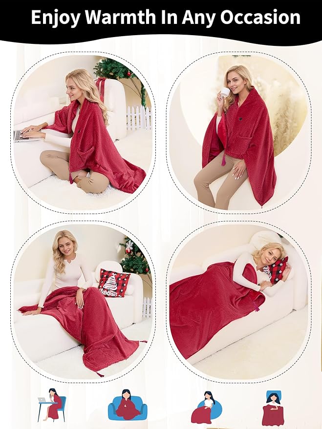 Electric Heated Blanket Battery Operated, Portable Heated Shawl for Neck and Shoulders and Back, Heating Blanket with Zipper and Pockets, 20000mAh, 3 Heating Levels, up to 8 Hours