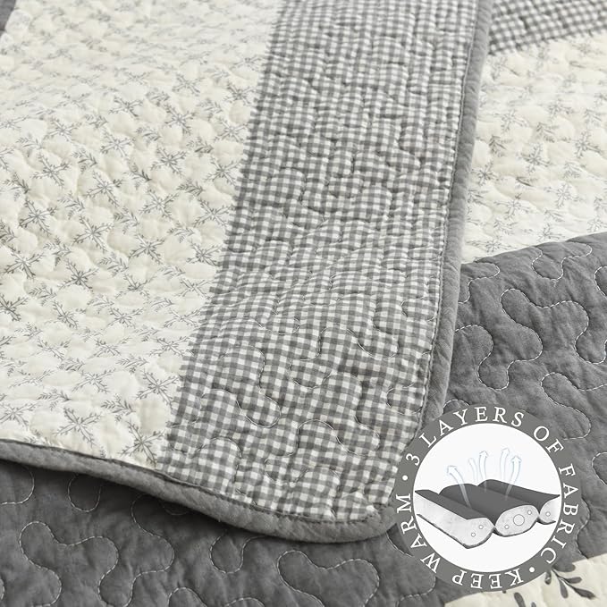 Stripe King Size Quilt - 100% Cotton Lightweight Quilt Bedding Set 3 Pieces, Vintage Vine Pattern Quilted Bedspread with 2 Pillow Shams, Farmhouse Printed Coverlet for All Season, Gray