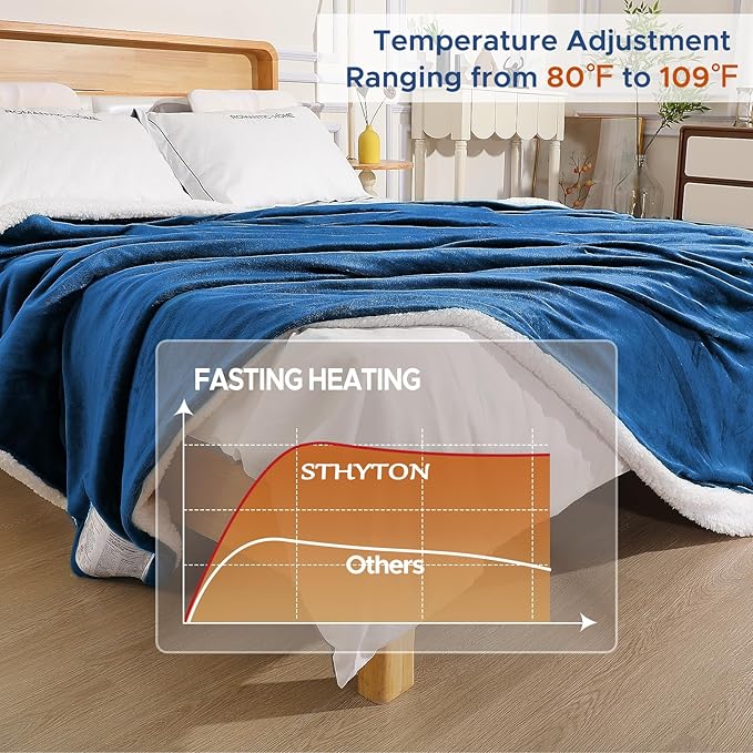 Electric Heated Blanket Throw 50"x60" - Soft Cozy Flannel & Sherpa Fabric Dual-Sided, 9 Heat Settings & 2-10 Hours Auto Off, Warming Heated Throw for Home Office, Machine Washable, Blue