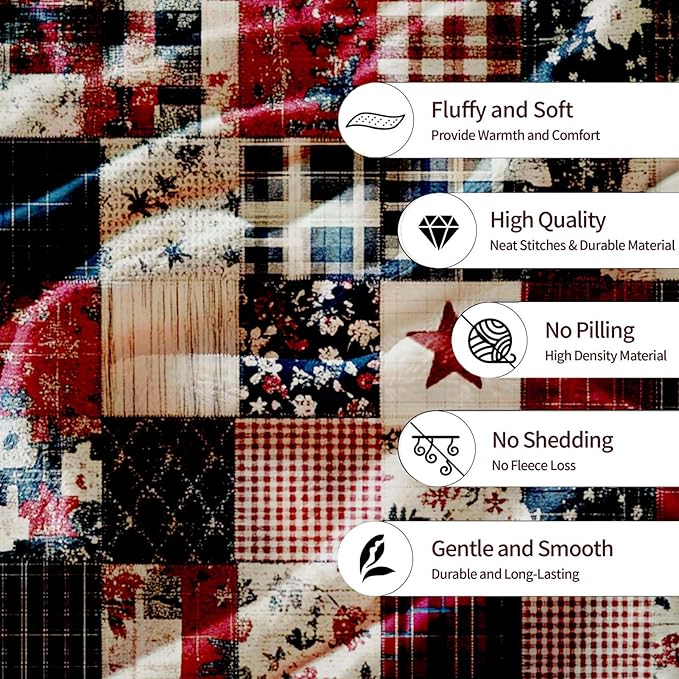 Printed Patchwork Country Blanket Throw for Women and Men, Farmhouse Vintage Blanket Gift, Lightweight Fleece Americana Rustic Home Decor, 40"×50"