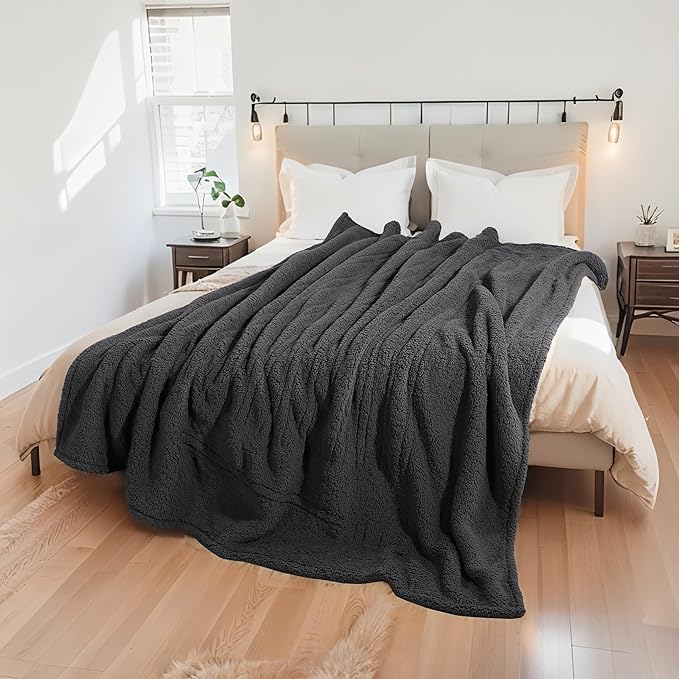 Electric Heated Blanket Queen 84×90 Dual Control, 6 Heating Settings & 1-10H Auto Off, Double Sided Plush Sherpa Ultra-Soft Warm Thick, Machine Washable, Fast Heating, Home Office Dark Gray