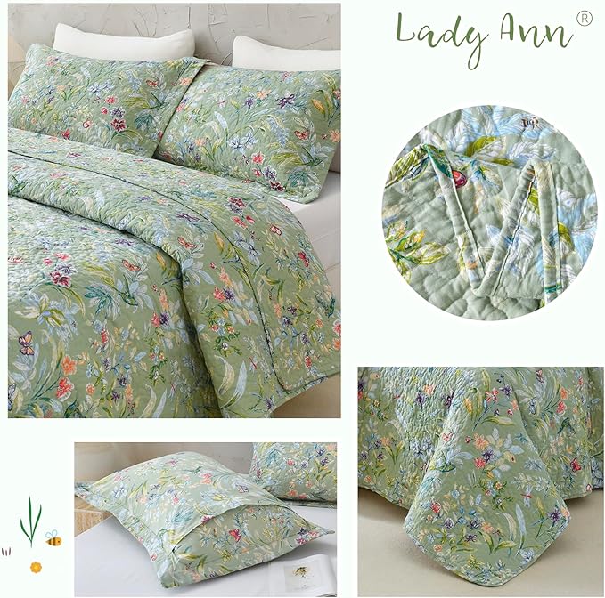 Lady Ann 100% Cotton Floral Oversized Queen Quilt Set - Green Flower Bird Butterfly Pattern Print Quilted 102x118 Bedspread & Coverlet Set, 3 PCS Lightweight Extra Soft Queen Bedding Sets All Season