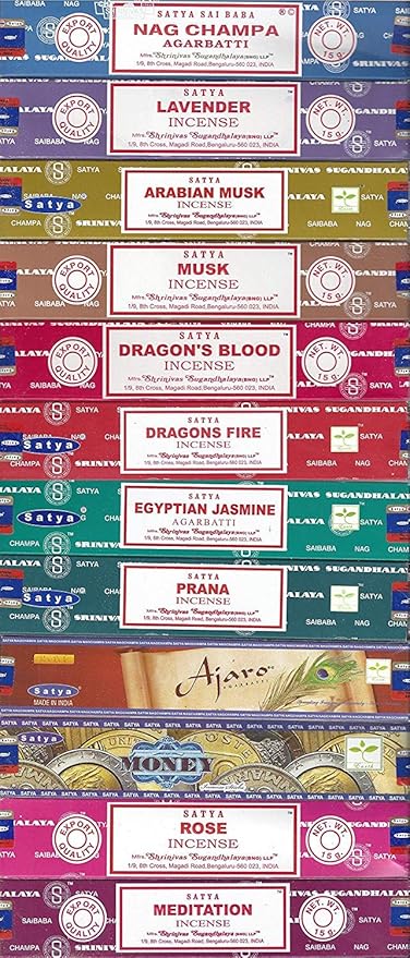 Set of 12 Nag Champa, Lavender, Arabian Musk, Egytian Jasmine, Musk, Dragon's Fire, Dragon's Blood, Prana, Ajaro, Money, Rose, Meditation by Satya Incense Bangalore (BNG)