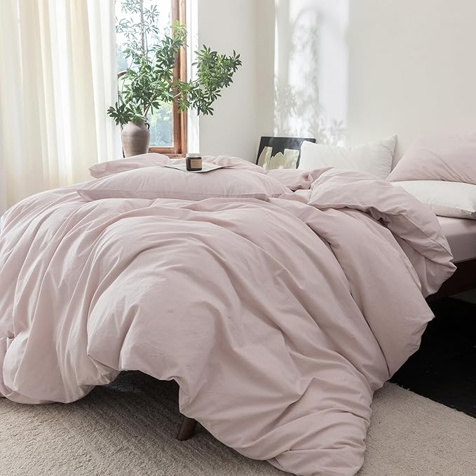 FOSSA Duvet Cover Set 100% Washed Cotton Linen Feel Super Soft Breathable Cozy 3 Pieces Bedding Sets Solid Greyish Pink Oversized King