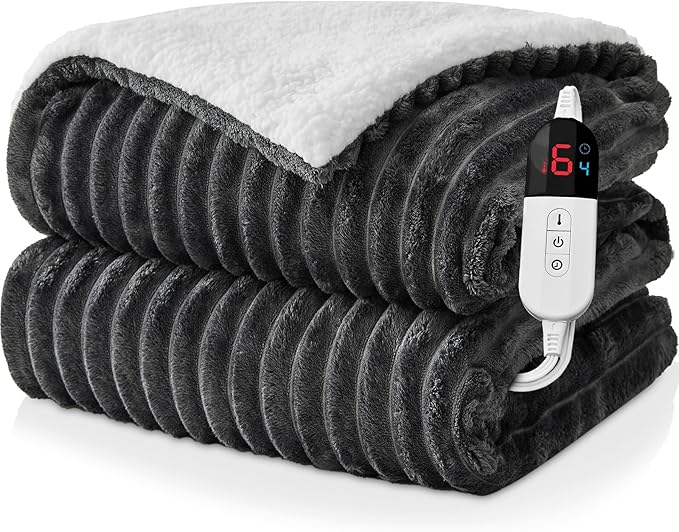 Electric Heated Blanket Full Size - 72"x84" Fast Heating Bed Blankets with 6 Heating Levels & 10 Hours Auto Off, Soft Ribbed Flannel Sherpa, Over-Heated Protection ETL, Dark Gray