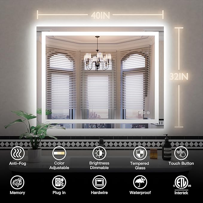 ISKM 40'' x 32'' LED Mirror for Bathroom Lighted Vanity Mirror for Wall Front Lights + Backlit LED Bathroom Mirror Anti-Fog Tempered Glass ETL Listed