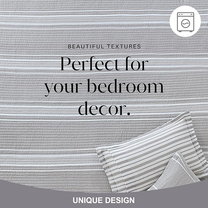 Y-PLWOMEN Quilt Queen Size - 100% Cotton Queen Bed Quilt, Grey Striped Reversible Bedspread for All Season, 3-Piece