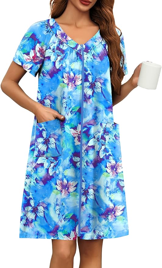 Ekouaer Women Robe Zipper Front Mumu Duster Robes Zip Up Housecoat Soft Sleepwear with Pockets S-3XL