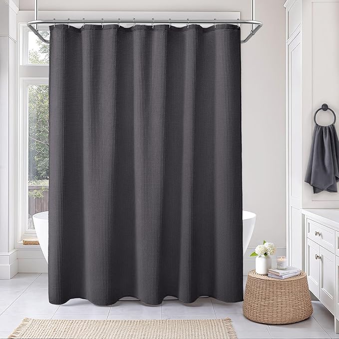 Waffle Weave Shower Curtain - Charcoal Gray Cotton Fabric Texture Heavyweight Shower Curtain for Bathroom,Washable,72Wx72L