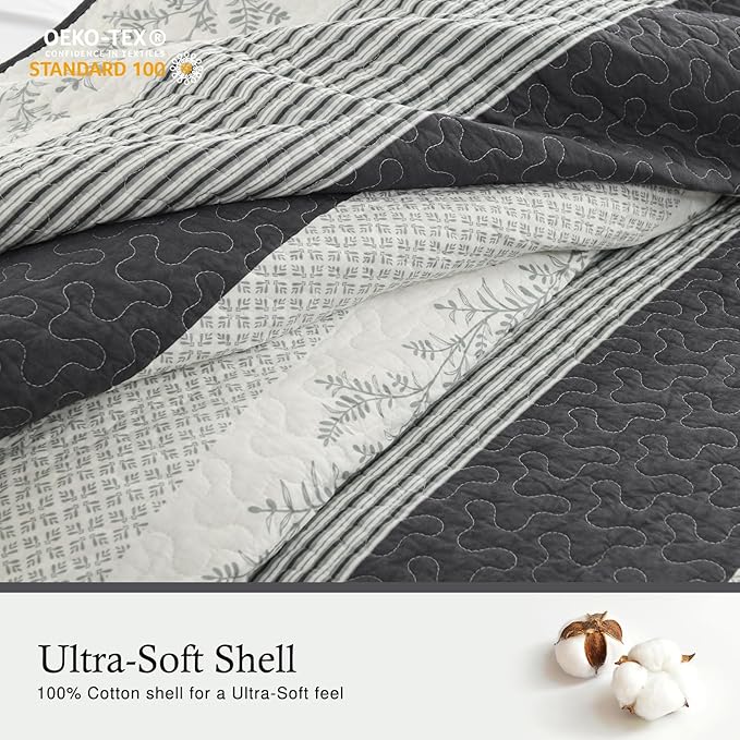 Stripe Quilt King Size - 100% Cotton Lightweight 3 Pieces Bedding Set, Vintage Vine Pattern Quilted Bedspread with 2 Pillowshams, Farmhouse Printed Coverlet for All Season, Green/Gray