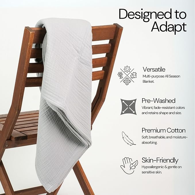 Salt Earth 100% Cotton Muslin Blanket, Gauze Blanket 80"X90" Queen, 4 Layered for Couch, Bed, Living Room,Lightweight, All Seasons Blankets & Throws, Easy wash,Nature & Skin Friendly(Scottish Grey)