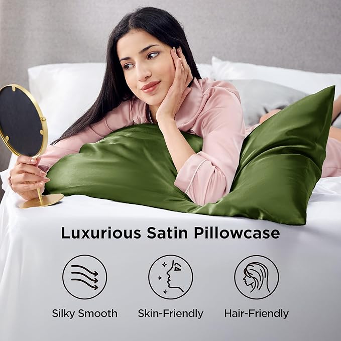 Bedsure Satin Pillowcase for Hair and Skin Queen - Moss Silky Pillowcase 2 Pack with Envelope Closure, Similar to Silk Pillow Cases, Gifts for Women Men, 20x30 Inches, 2pcs