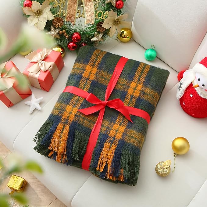 ZonLi Green Plaid Throw Blanket for Couch, Checkered Throw Blanket for Home Decor, Soft Lightweight Cozy All Season Decorative Vintage Blankets with Tassel for Bed and Sofa, 50'' x 60''