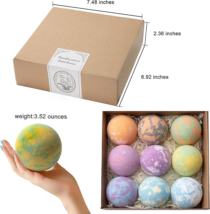 Bath Bombs for Women, 9pcs Handmade Bubble Bath Bombs with Natural Essential Oils, Coco Butters, Holiday Gift for Mother, Wife, Girlfriend, Floral Scents, Rich Bubble and Relaxing Spa