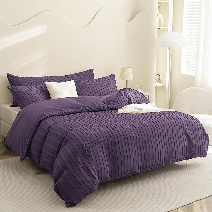 JELLYMONI Duvet Cover King Size Purple - 3PCS Boho Striped Duvet Cover Set Polyester Tufted Bohemian Textured Comforter Cover 104×90in with Corner Ties & Zipper and 2 Pillowcases