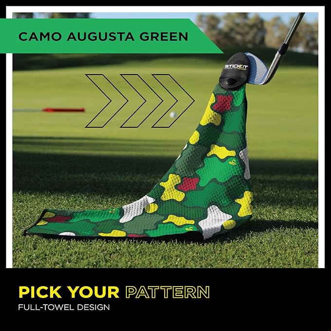 STICKIT Magnetic Golf Towel, Camo Augusta Green | Top-Tier Microfiber Golf Towel with Deep Waffle Pockets | Industrial Strength Magnet for Strong Hold to Golf Carts or Clubs | Golf Greens Camo