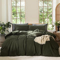 MooMee Bedding Duvet Cover Set 100% Washed Cotton Linen Like Textured Breathable Durable Soft Comfy (Solid Olive Green, Oversized King Plus 128"x120")