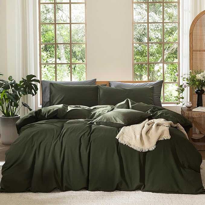 MooMee Bedding Duvet Cover Set 100% Washed Cotton Linen Like Textured Breathable Durable Soft Comfy (Solid Olive Green, Oversized Full 82"x86")