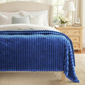 decorUhome Christmas Soft Fleece Navy Blue Blanket Queen Size for Bed, Cozy Fluffy Plush Flannel Large Striped Throws for Couch Sofa, Lightweight Decorative Fuzzy Blanket for Woman, 90x90 Inches