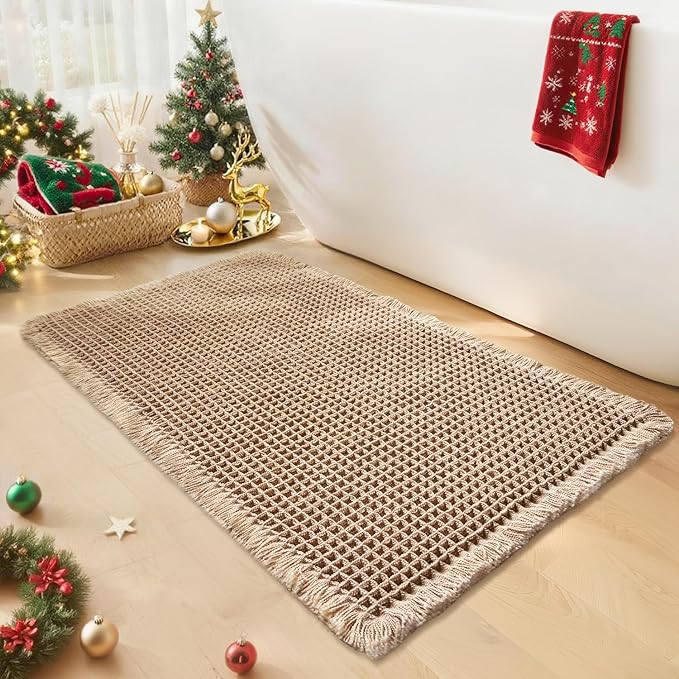Waffle Bath Mat - Boho Bathroom Rugs Non Slip Washable, Super Absorbent & Quick Dry, Soft Bath Mat Farmhouse Bathroom Decor, 20'' x 32'', Khaki