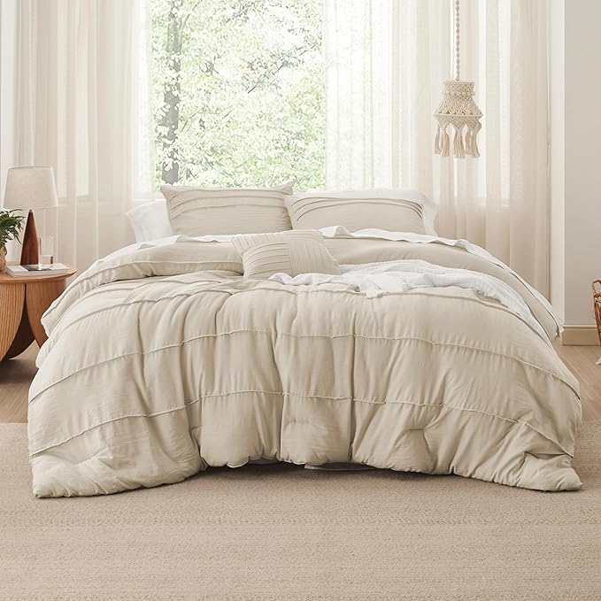 Bedsure Full Comforter Set - 4 Pieces Pinch Pleat Bed Set, Linen Boho Bedding for All Season, 1 Soft Comforter, 2 Pillowcases, 1 Decorative Pillow