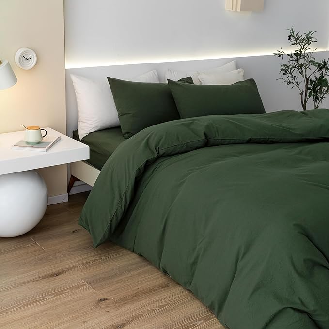 JIYUAN 100% Washed Cotton Duvet Cover Set 3 Pieces Oversized King, 1 Duvet Cover 120x98 Inches(Comforter Not Included) and 2 Pillowcases,Linen Feel Bedding Set Comfy and Breathable,Forest Green