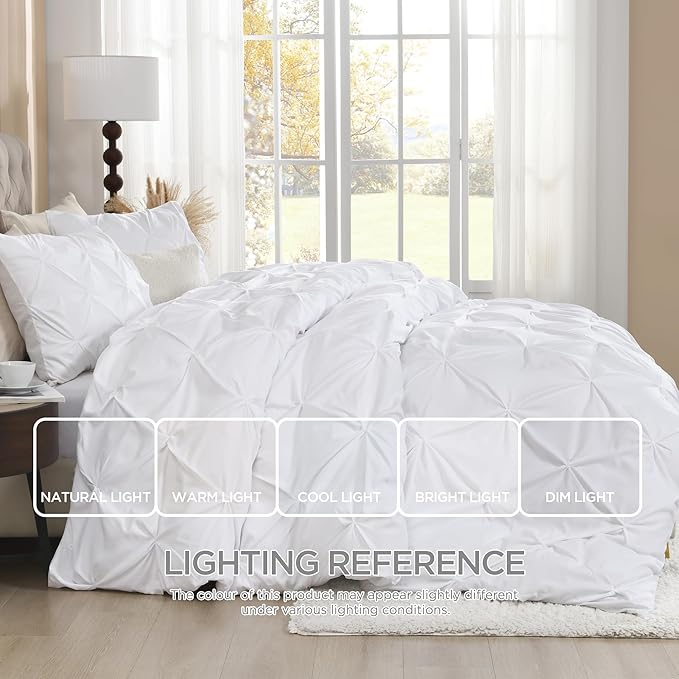 Litanika White King Pinch Pleat Duvet Cover, 3 Pieces Pintuck Cover Soft Microfiber Bedding Set with Zipper Closure & Corner Ties(104x90Inch-1 Duvet Cover, 2 Pillowcases)