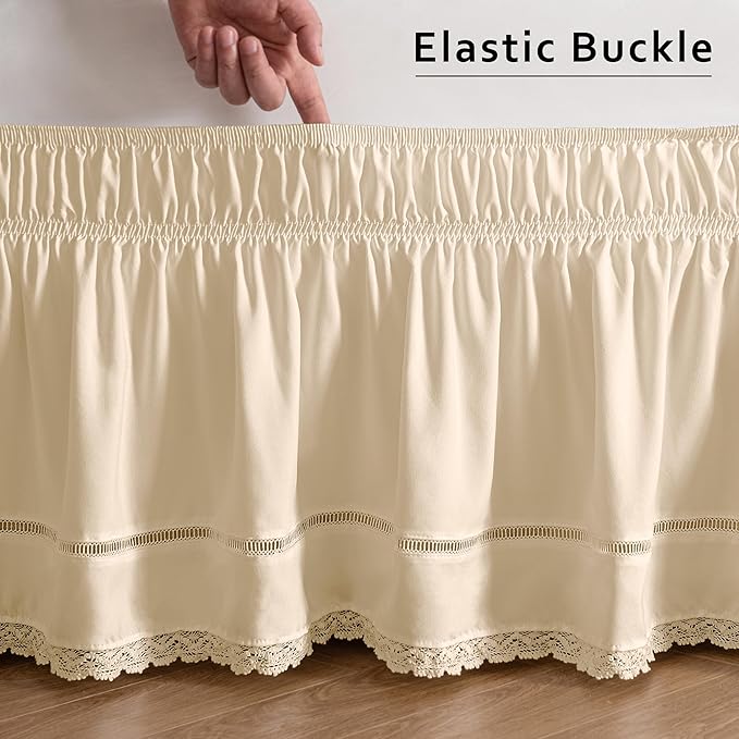 MIYE Wrap Around Ruffled Lace Bed Skirt, Elastic Dust Ruffle with Adjustable Belts, Easy to Put On, Bed Frame Cover, Machine Washable (Floral Lace/Light Beige, King/Queen-12.5" Drop)