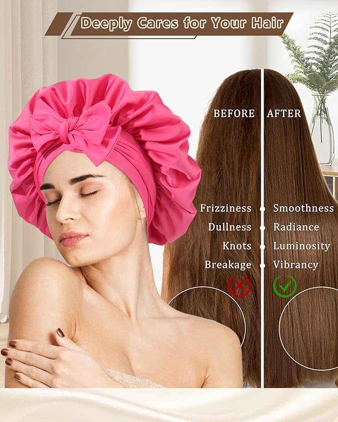 AWAYTR Women Satin Bonnet for Sleeping - Double Layer Silk Hair Bonnet with Elastic Tie Band for Braids Curly Hair