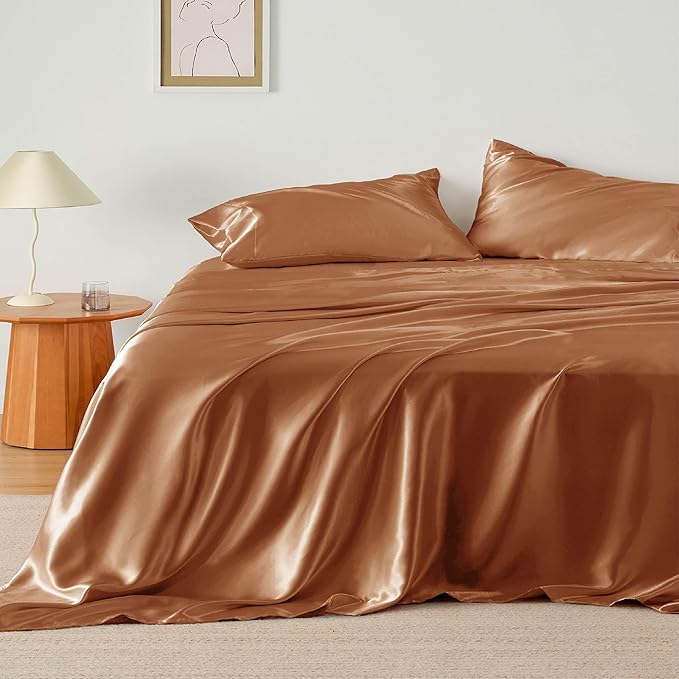 Bedsure Satin Sheets Full Size - 4 Piece Silky Bedsheets with 15 Inches Deep Pocket Fitted Bedsheet,1 Flat Sheet, 2 Satin Pillowcases, Good for Hair & Skin (Full, Burnt Orange)